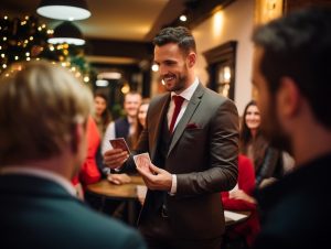 a tall and handsome Irish card trick street magician is performing his magic for a group of employees at a corporate Christmas party event