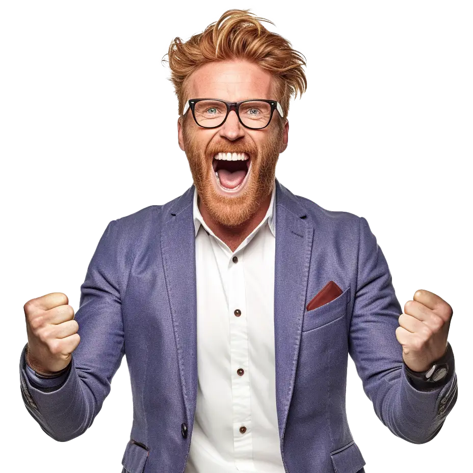 a very excited stylish Irish man with ginger hair, black glasses, a blue jacket and white shirt. He is super pumped to be organising a company work event in Dublin